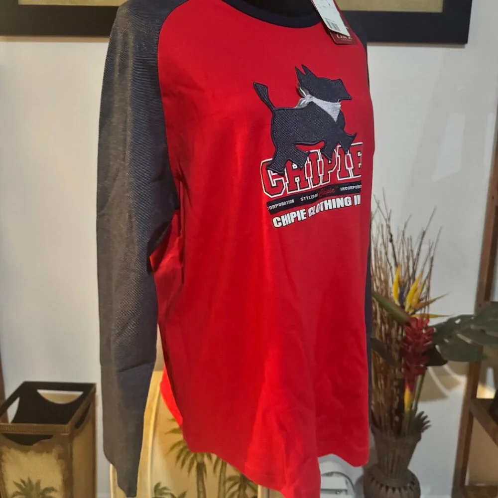 Chipie Red & Navy Long Sleeve Graphic Dog Tee Shirt Men's Small Women's Medium